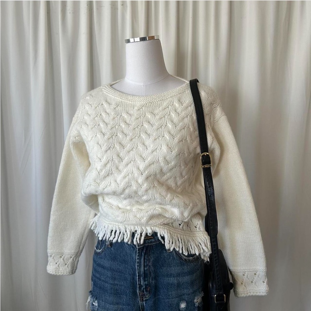 Anthropologie Elsamanda cable-Knit sweater fringe wool blend size small. - Picture 7 of 8